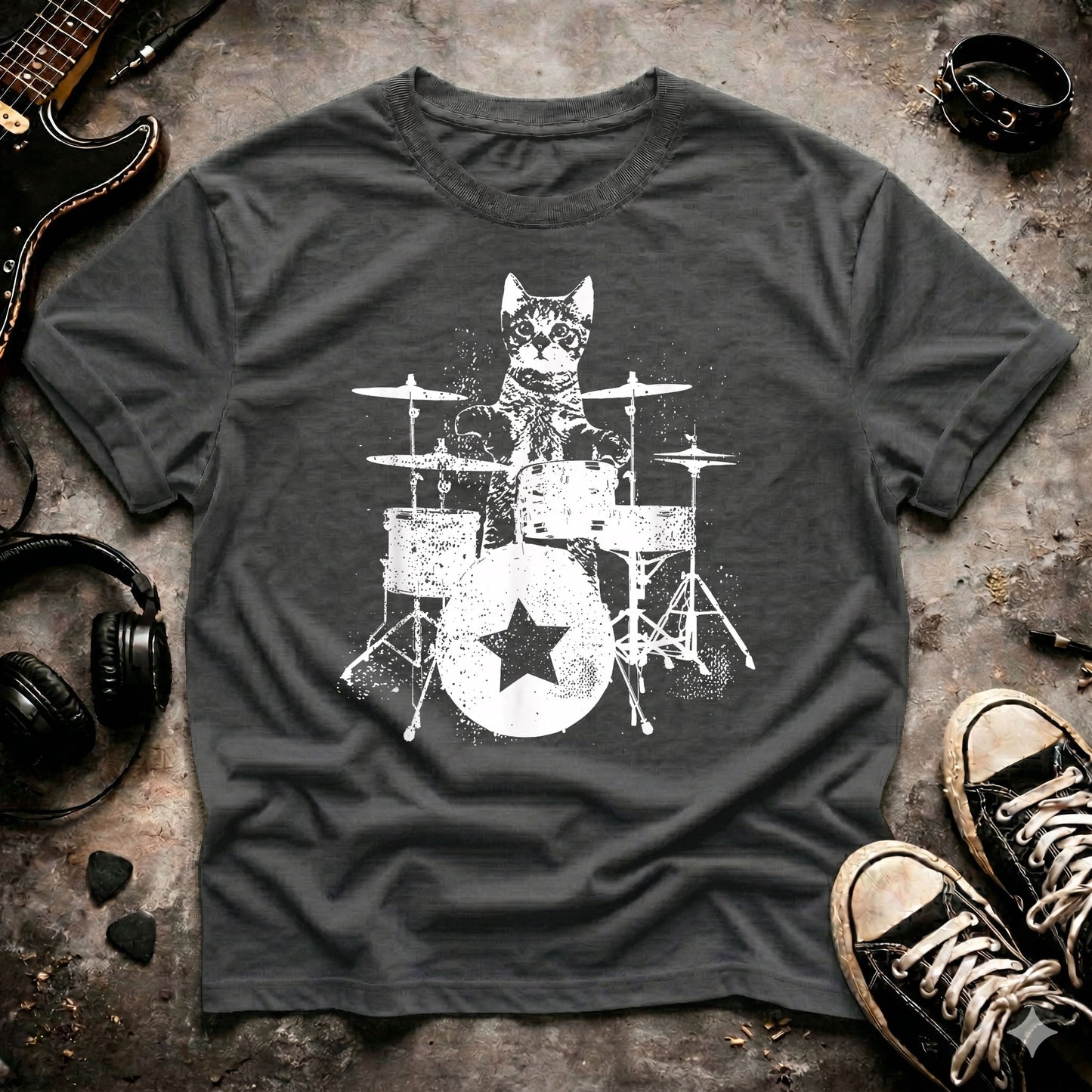 Punk Rock Cat Drummer T-Shirt