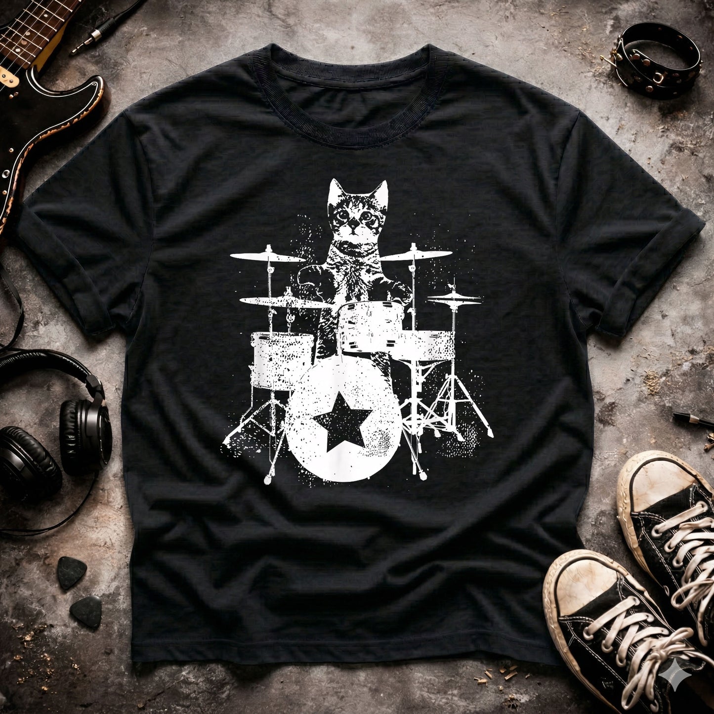 Punk Rock Cat Drummer T-Shirt