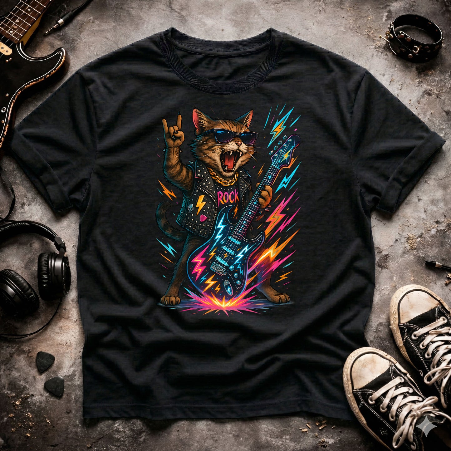 Rock Cat Neon Guitar T-Shirt